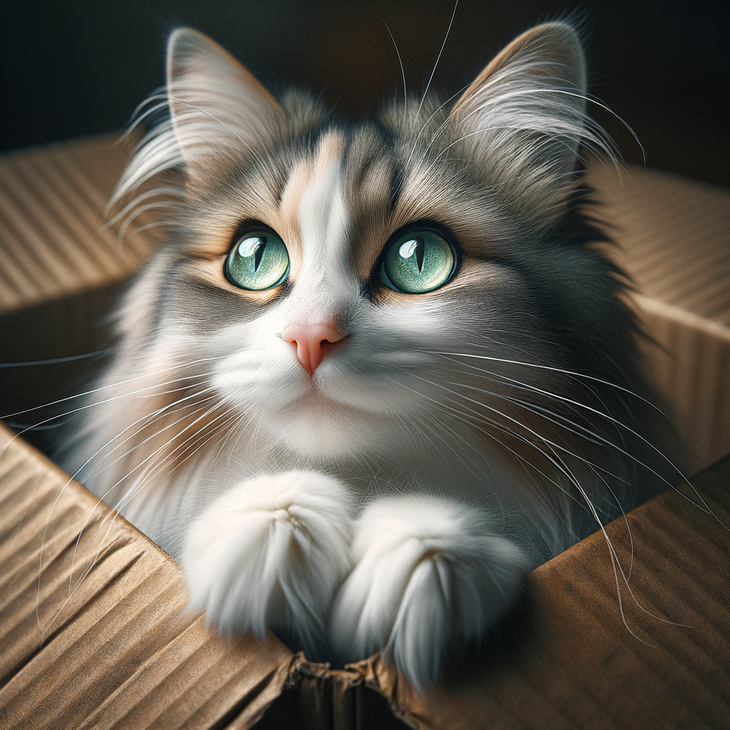 macro photograph of a cat peaking out of a box with a hopeful expression  