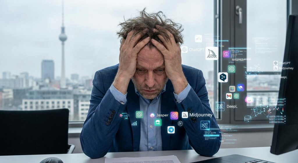 German professional with multiple browser tabs open — AI tool fragmentation