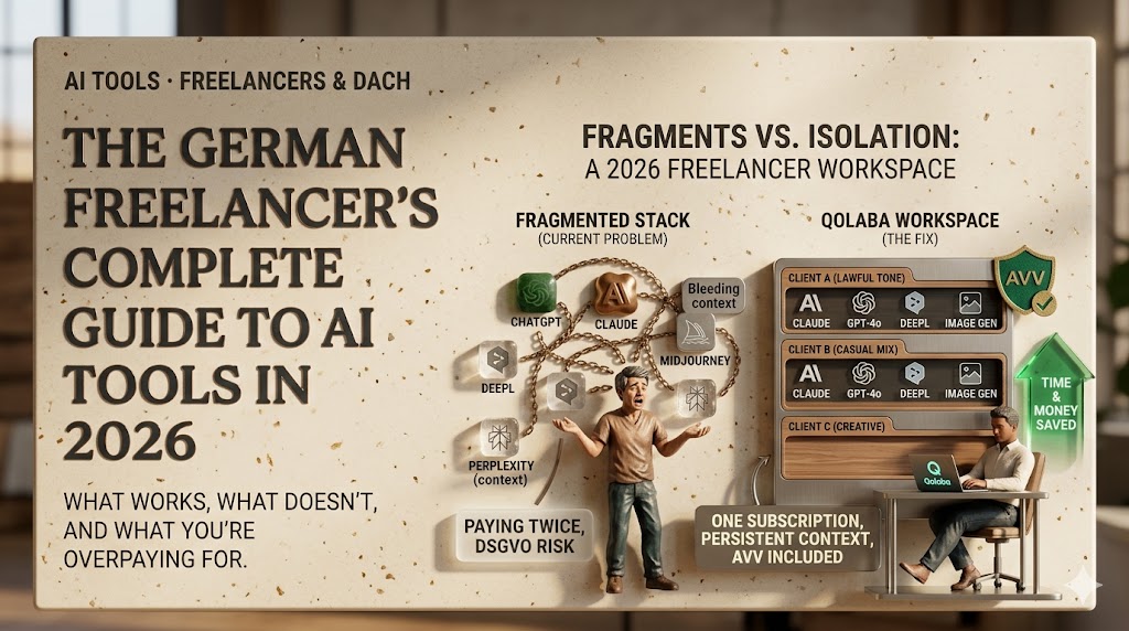 Alt Text German freelancer juggling multiple AI tools — Qolaba one-workspace solution guide 2026