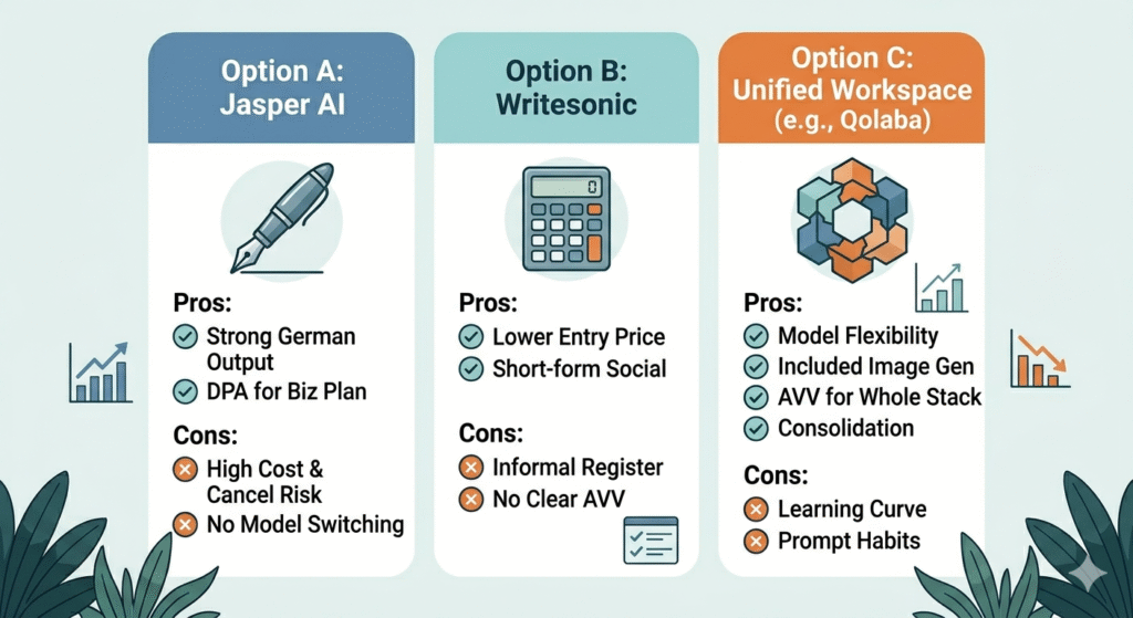 Copy.ai subscription stack replaced by a single Qolaba workspace — German content team switching story