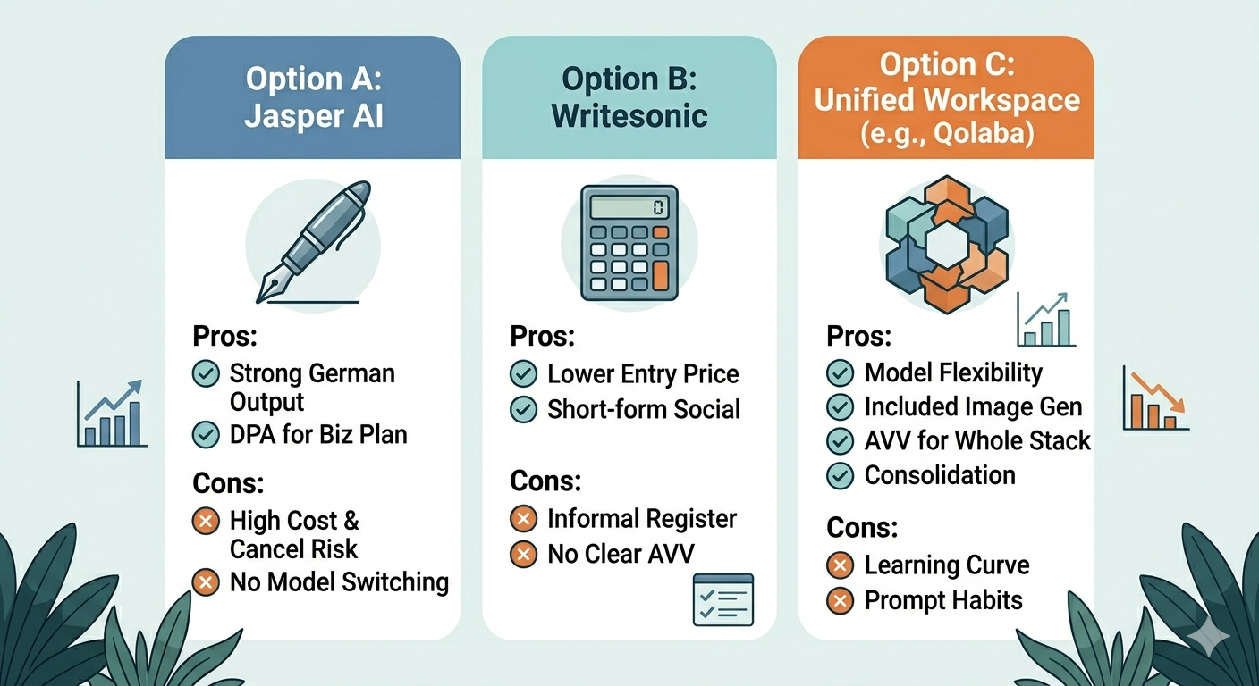 Copy.ai subscription stack replaced by a single Qolaba workspace — German content team switching story